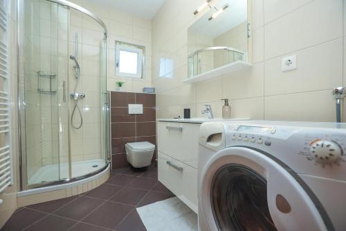 a bathroom with a washing machine and a shower at Villa Allegra w Private Pool in Škrip
