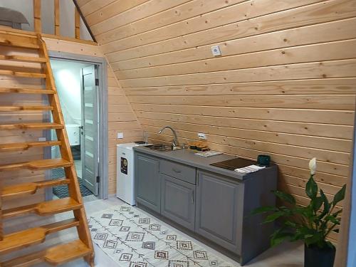 a kitchen with a sink and a staircase in a house at Котедж Синевир in Synevyr