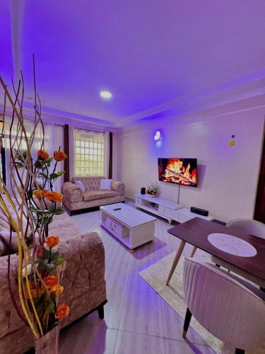 a living room with a couch and a tv at Jaza homes in Baruti West