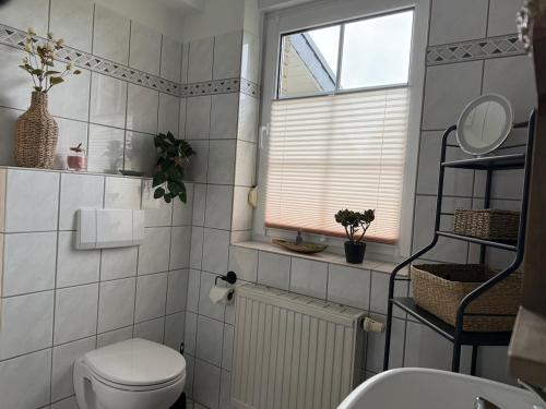 a bathroom with a toilet and a window and a sink at Hohner-Auszeit in Bad Münstereifel