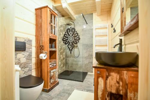 a bathroom with a sink and a toilet and a shower at Zbójeckie Sioło in Bukowina Tatrzańska