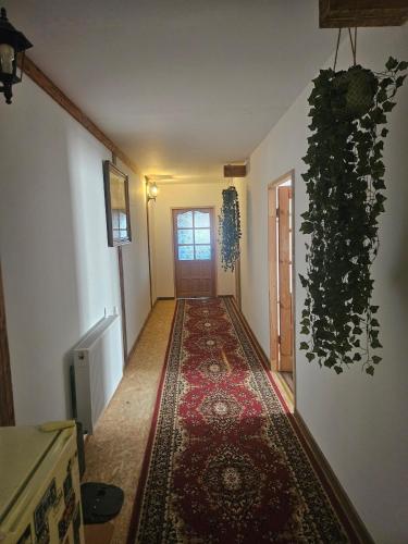 a hallway with a rug on the floor and a door at Plebanka in Grabowo