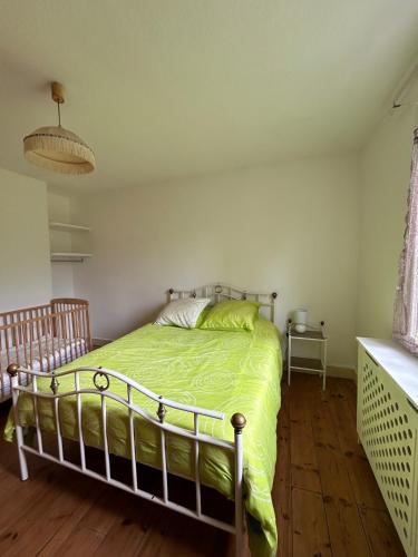 a bedroom with a bed with a green comforter at Le Cabanon de L'Arbey in Pierrefitte-Nestalas