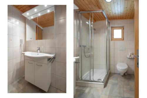 a bathroom with a shower and a sink and a toilet at Chalet üfem Bord in Bellwald