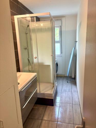 La salle de bains est pourvue d'une douche en verre et de carrelage. dans l'établissement Renovated 3-Bedroom Apartment near UTT, à Troyes
