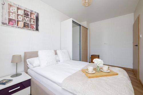 LabedyにあるModern Apartment with Air Conditioning & Workspace in Gliwice by Noclegi Rentersの白いベッドルーム(トレイ付きベッド1台付)