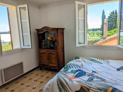 a bedroom with a bed and two windows at Gîte de campagne - 1 chambre double in Caumont-sur-Durance