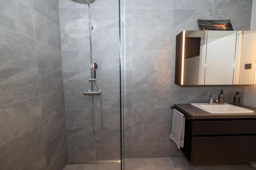 a bathroom with a shower with a sink and a mirror at New apartment downtown Akureyri in Akureyri