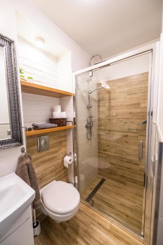 a bathroom with a shower with a toilet and a sink at Apartament w lesie z balią in Lipnica