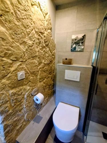 a bathroom with a toilet and a stone wall at La Maïta in Montgenèvre