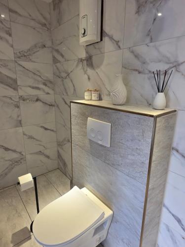 a bathroom with a white toilet and a marble wall at Vacation home Porta Westfalica - Vacation & Mechanic in Porta Westfalica