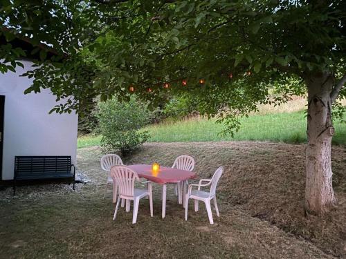 Mala NedeljaにあるRuhig gelegenes Ferienhaus für erholsamen Urlaub auf dem Land inmitten der Thermenregion Sloweniensの木の下に座る椅子とテーブル