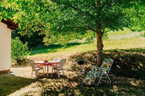Mala NedeljaにあるRuhig gelegenes Ferienhaus für erholsamen Urlaub auf dem Land inmitten der Thermenregion Sloweniensの木の下に座る椅子とテーブル