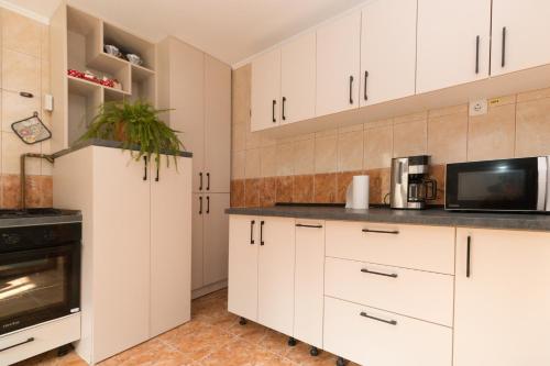 ブシュテニにあるAmber`s Vilaの白いキャビネットと電子レンジを備えたキッチン