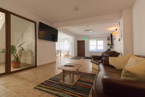 ブシュテニにあるAmber`s Vilaのソファとコーヒーテーブルのあるリビングルーム