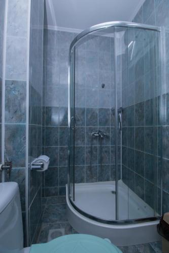 a bathroom with a shower with a glass door at Amber`s Vila in Buşteni