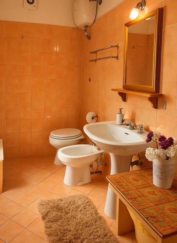a bathroom with a sink and a toilet and a mirror at Villa Palmira in Quadrelle