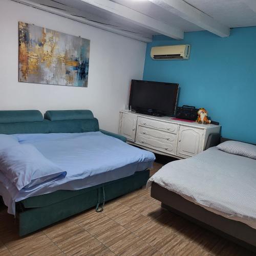 a room with two beds and a tv on a cabinet at VIKENDICA GARFILD SA BAZENOM i SAUNOM BANJA LUKA in Banja Luka