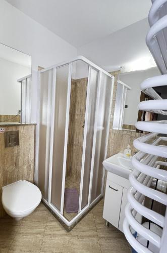ein Badezimmer mit Dusche, Toilette und Waschbecken in der Unterkunft "U Chłopa" Kompleks Wypoczynkowo-Konferencyjny in Chmielno