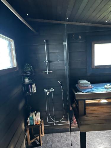 ein Bad mit einer Dusche in einer blauen Wand in der Unterkunft Lapland Lakefront Villa - Northern Lights & Safari in Ranua