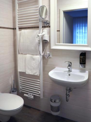 a bathroom with a sink and a toilet and a mirror at Pension Villa Colosseo im Herzen von Meiningen in Meiningen