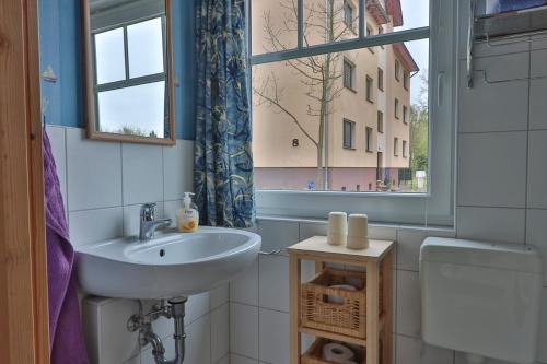 Bungalow Krabbe im Ostseeidyll am Waldrand في أوستسيباد نينهاجن: حمام مع حوض ونافذة