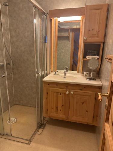 a bathroom with a sink and a shower at The Vrådal Pearl in Vradal
