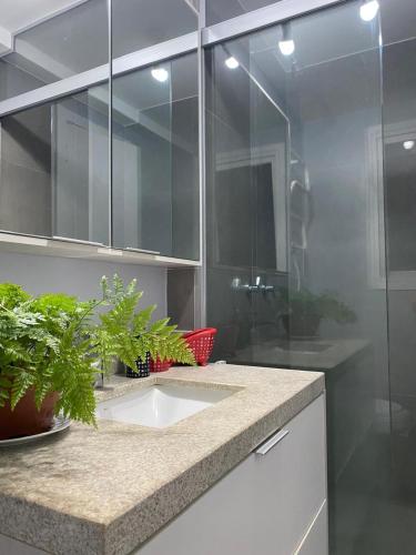 un bagno con lavandino e doccia in vetro di Apartamento encantador na João Inácio conforto e praticidade em Porto Alegre a Porto Alegre