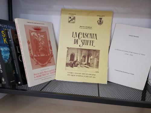 a shelf with some books on it at Dimora Visconti in San Demetrio neʼ Vestini