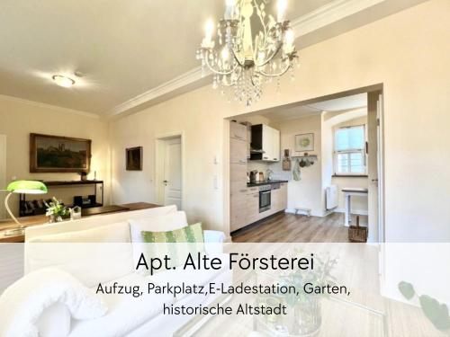 Kuchyň nebo kuchyňský kout v ubytování ALTE FÖRSTEREI - Elegantes Apartment in der historischen Hinterburg Schlitz - mit Aufzug, Parkplatz & Garten - Hunde willkommen & ohne Extrakosten