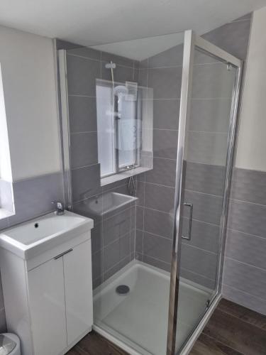 a bathroom with a shower and a sink at Adare House Newbridge in Newbridge
