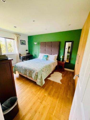a bedroom with green walls and a bed with a wooden floor at Modern and chic rooms with beautiful landscape views in Sydenham