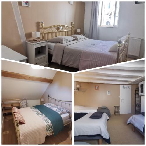 three pictures of a bedroom with two beds and a window at L'échappée en Sologne in Mennetou-sur-Cher