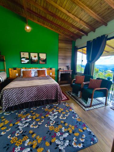 a bedroom with a bed and a green wall at Chalé horizonte azul in Gonçalves