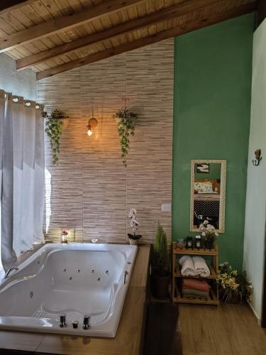 a large bath tub in a bathroom with green walls at Chalé horizonte azul in Gonçalves