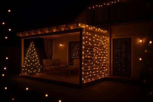 ジブヌフにあるApartamenty Naturapartのクリスマスツリーとライトのついた鏡のある部屋