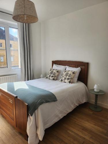a bedroom with a large bed with pillows at T3 Le logis de Martin - city center - near Ducale Place with parking space in Charleville-Mézières