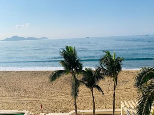 two palm trees on a beach with the ocean at departamento frete al mar in Manzanillo