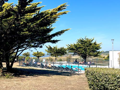 a swimming pool with people lounging next to a tree at Tiny Loch - 150 m de la mer - piscine chauffée in Guidel