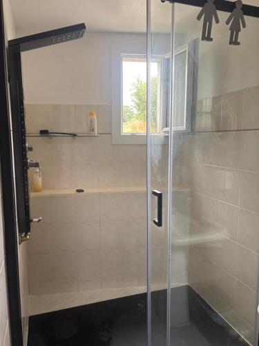 a shower with a glass door in a bathroom at Chez Benoit, séjour Zen, chambre d'amis in Mazerolles