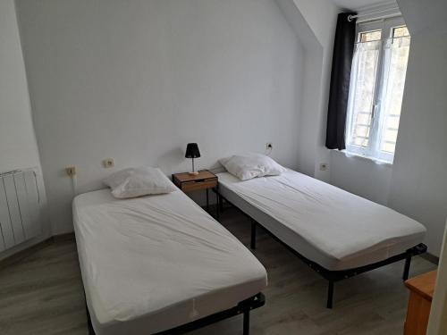 two twin beds in a room with a window at Maison confortable sur RN6 in Armeau