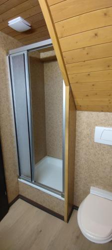 a bathroom with a toilet and a glass shower at Fischers Fritz in Innerthal