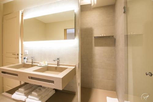 a bathroom with a sink and a shower at Les Suites du Champagne de Venoge in Épernay