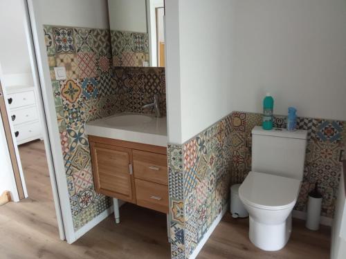a bathroom with a toilet and a sink at Petite maison de campagne avec poêle à bois, 20 mn des plages in Bréhand
