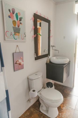 a bathroom with a toilet and a sink and a mirror at Cabaña Tierra Verde eje Cafetero in Manizales