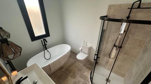 a bathroom with a shower and a toilet and a sink at Finca Celia Competa in Cómpeta