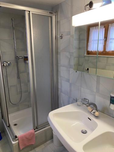 a white bathroom with a sink and a shower at Le Manoir d'Anniviers in Zinal