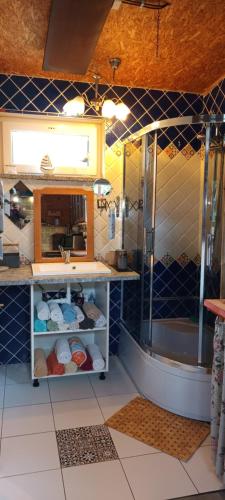a kitchen with a sink and a shower at DVOR POD KRíKMI in Spišský Štvrtok