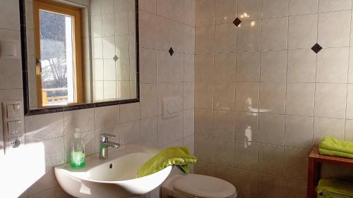 a bathroom with a sink and a toilet at Agriturismo Ferienhof Gschloier - Adults Only in Laion