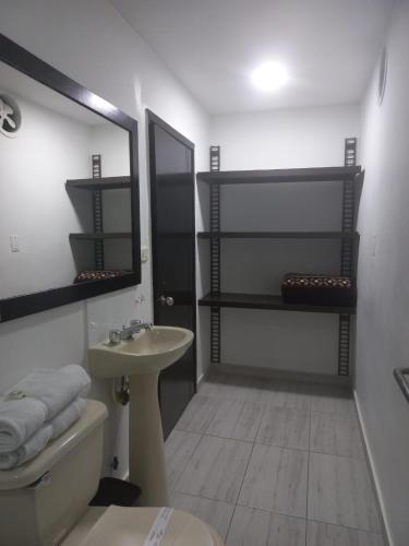 a bathroom with a sink and a toilet and a mirror at Hotel Los Tunjos in Pereira